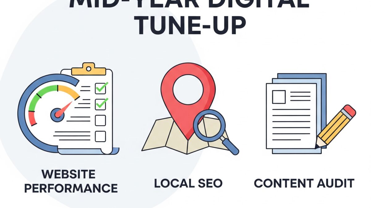 A laptop and analytics charts representing a mid-year digital tune-up for IT WebSmith Inc.
