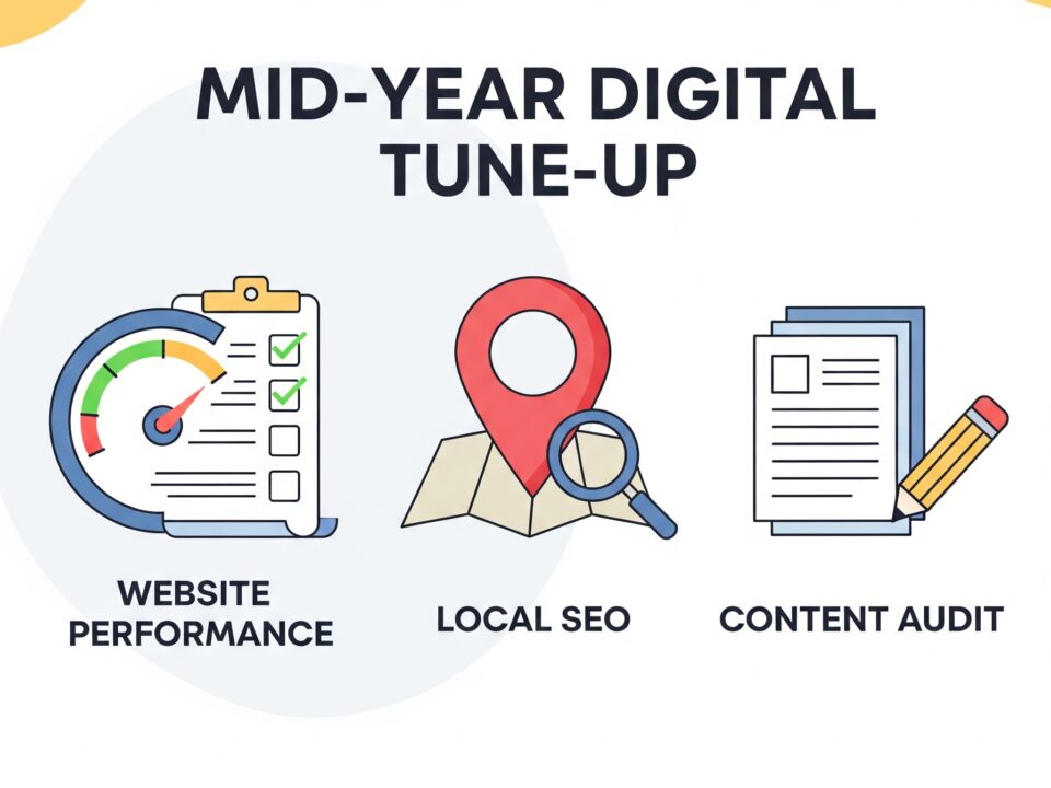 A laptop and analytics charts representing a mid-year digital tune-up for IT WebSmith Inc.