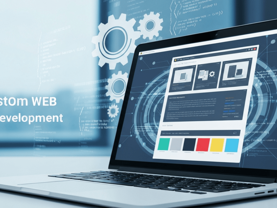 Abstract representation of custom web development with gears and code snippets.