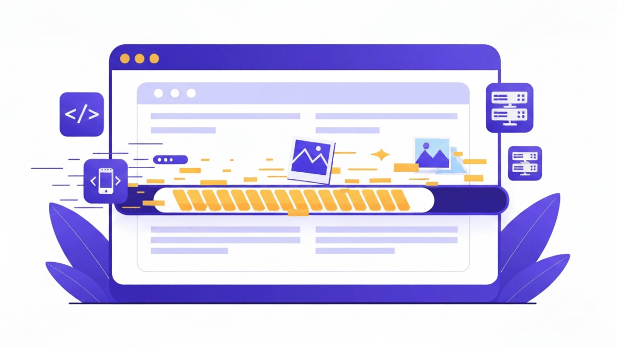 Graphic representing website performance optimization with a fast-loading progress bar