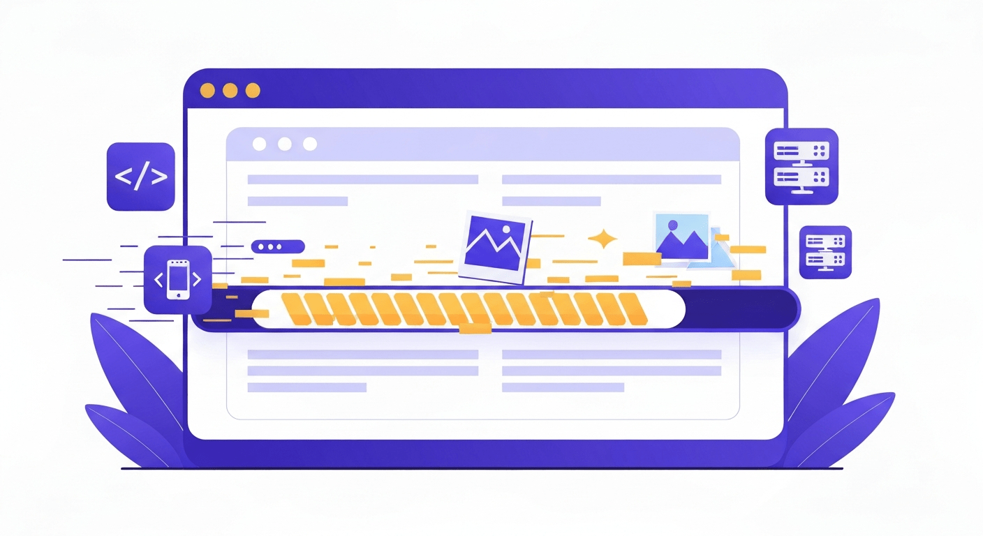 Graphic representing website performance optimization with a fast-loading progress bar