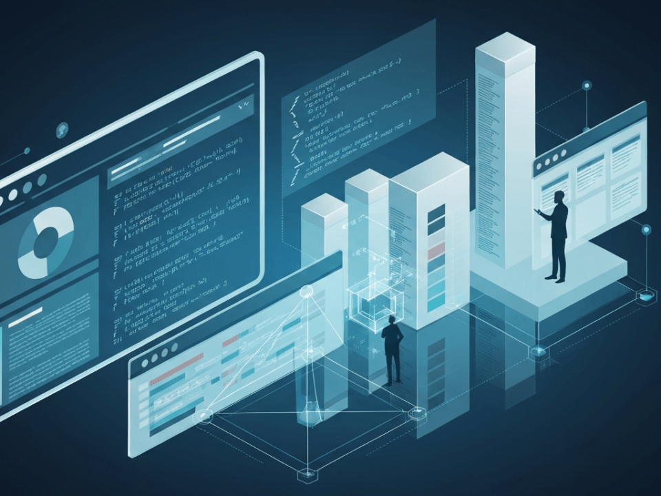 Expert web development illustration showing code, scalability, and IT consulting for online growth.