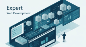 Expert web development illustration showing code, scalability, and IT consulting for online growth.