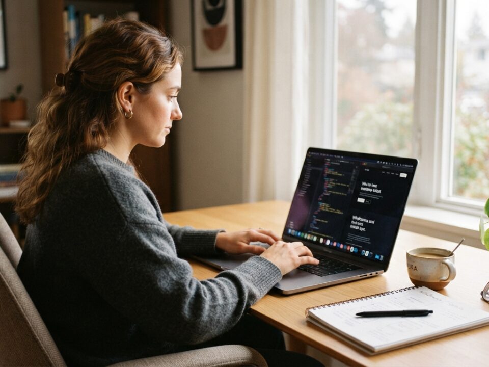 A professional web designer working on an accessible website project in a bright, modern office.