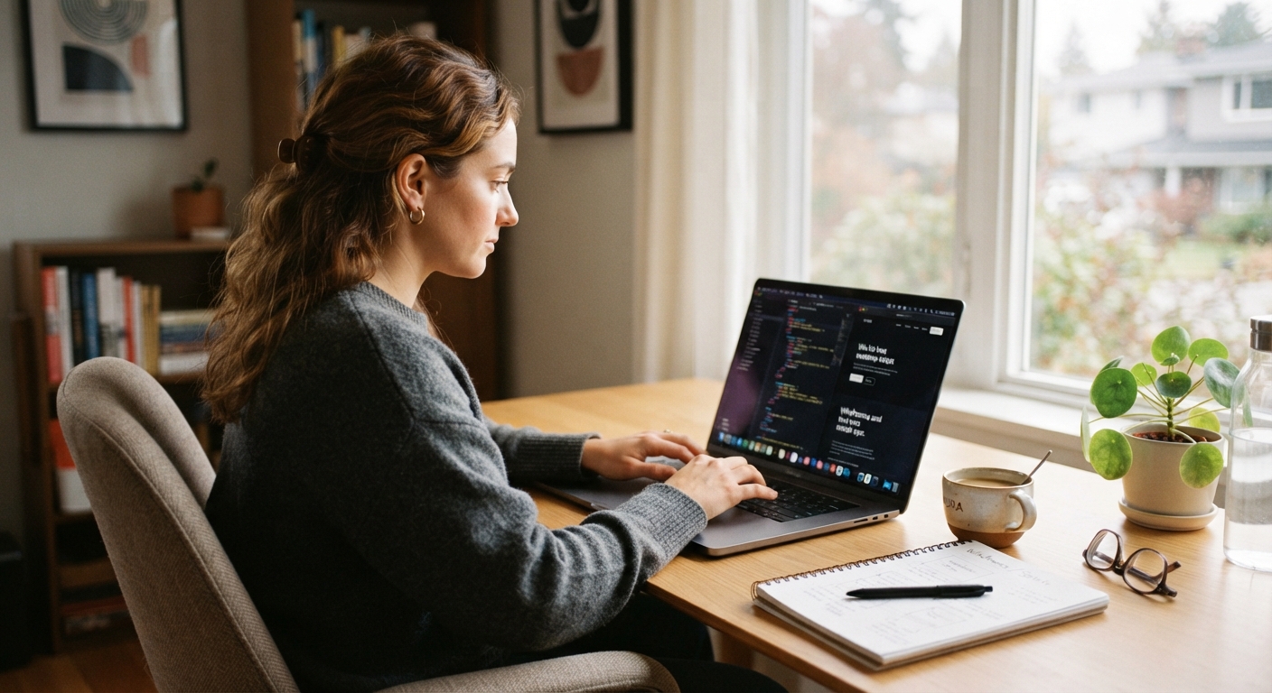A professional web designer working on an accessible website project in a bright, modern office.
