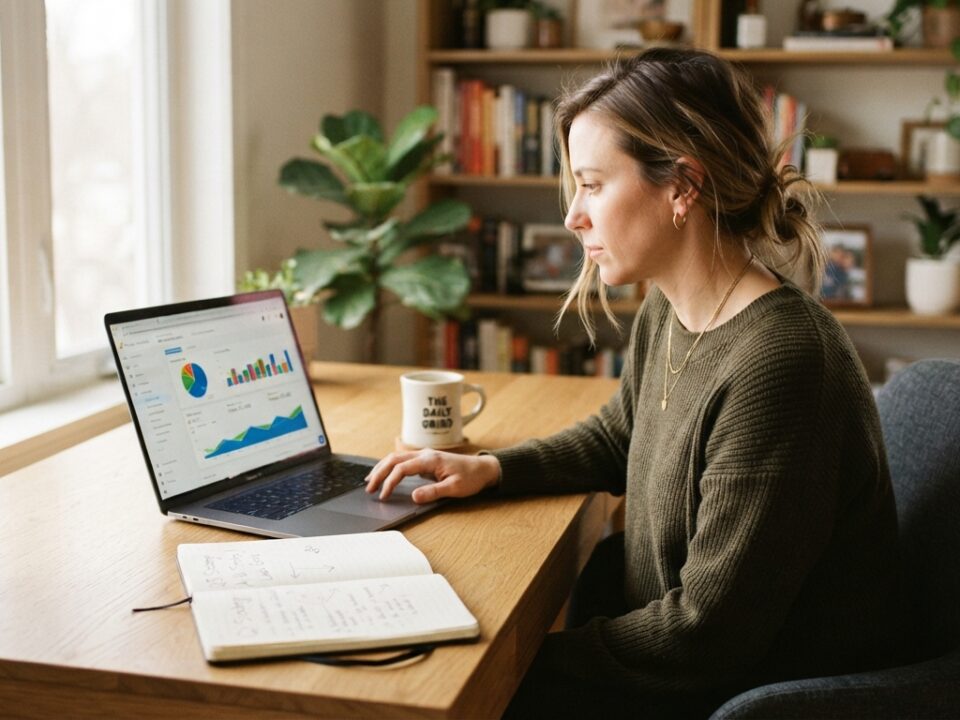 A professional digital strategist reviewing website analytics on a laptop to improve conversion rates.