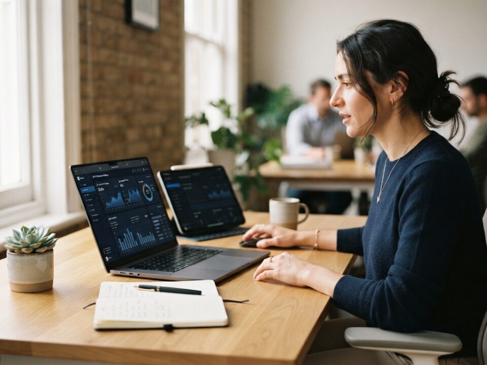IT professional reviewing scalable infrastructure data on a laptop in a modern office environment.
