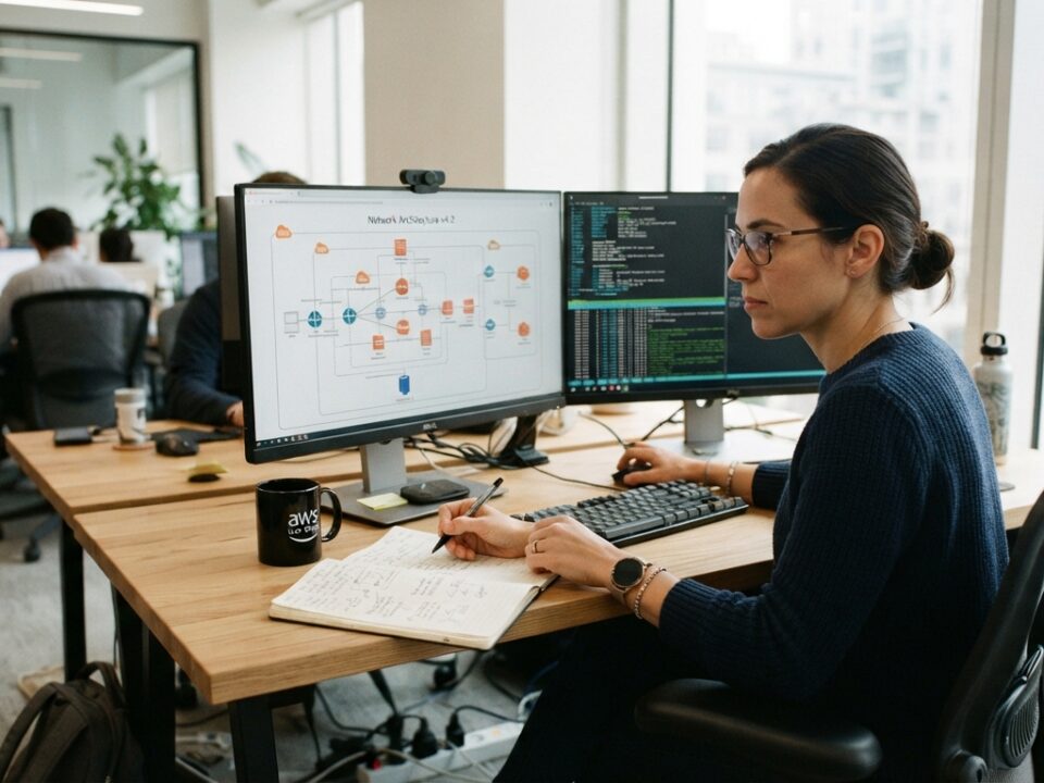 IT professional reviewing scalable network infrastructure plans in a modern, sunlit office.
