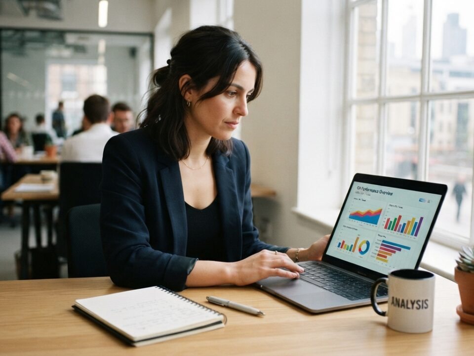 A professional analyst reviewing business data on a laptop in a bright, modern office setting.