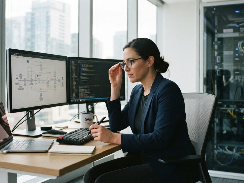 IT professional planning a cloud migration strategy in a modern office environment.