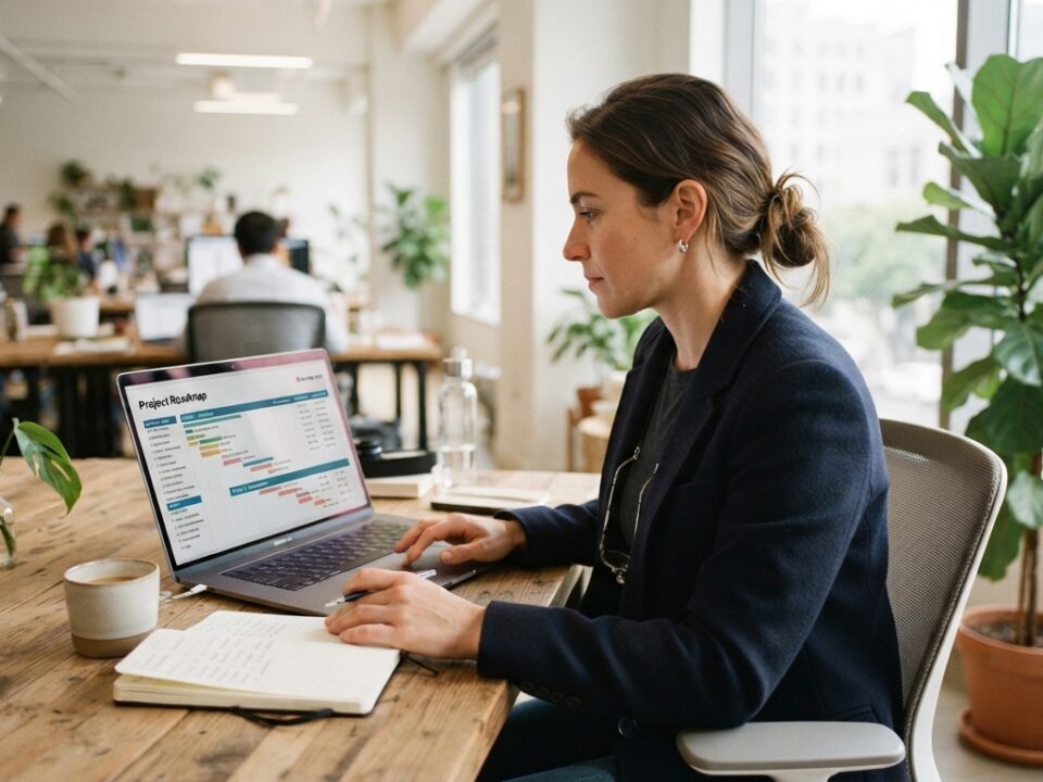 IT consultant reviewing business continuity plans on a laptop in a modern office.